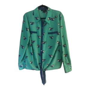 Style & Co. Green Blue Bird Print Tie front Blouse Size XL